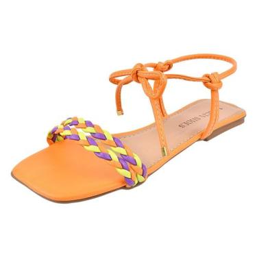 Imagem de  Sandalia Feminina Colorida Casual Laranja Com corda De Amarrar confor