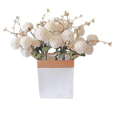 Imagem de NMAIYA Buquê de flores falsas brancas, pompom, mãe, 4 peças de flores artificiais com hastes bolas de crisântemo de seda para decoração floral