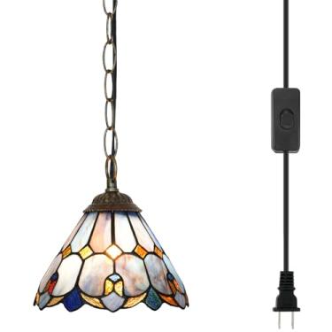 Imagem de Blivuself Tiffany Luminária suspensa com pingente plug-in luminária vintage roxo vitral para decoração de casa, sala de jantar, sala de estar, estudo, corredor, cozinha, ilha
