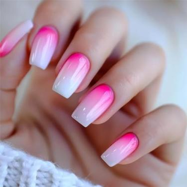 Imagem de RTKHFZE Pregos postiços de bailarina média com purpurina primavera glitter rosa ombré cola em unhas com desenhos unhas postiças acrílicas 24 peças brilhantes cobertura total unhas de caixão imprensa