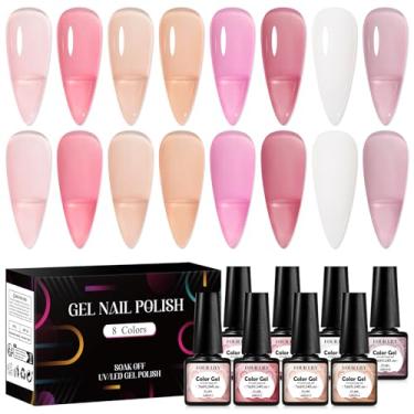 Imagem de Four Lily Conjunto de esmalte de gel gelatinoso, 8 cores, esmalte de gel nude, branco leitoso, rosa, vermelho, neutro, kit de unhas de gel translúcido, lâmpada de LED para manicure, salão de manicure