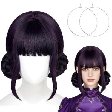 Imagem de FILMIA Peruca feminina gótica preta roxa com pães duplos – Peruca longa e reta para cosplay para Halloween, anime e festa à fantasia – Cabelo sintético resistente ao calor