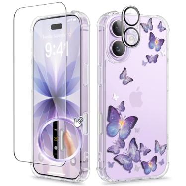 Imagem de GVIEWIN Capa para iPhone 17, com protetor de tela + protetor de lente da câmera, [não amarela] Capa protetora feminina transparente floral fina à prova de choque rígida PC traseira para celular para