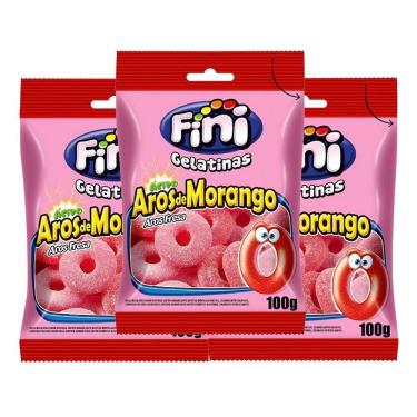 Imagem de Balas de Gelatina Fini Aros de Morango 100g | Kit com três unidades