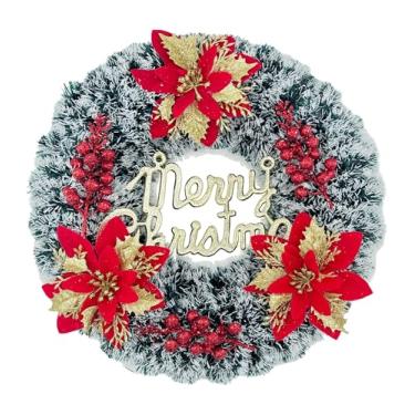 Imagem de Guirlanda de cedro artificial coberta de neve de 38 cm com flores vermelhas douradas e frutas vermelhas – decoração de Natal