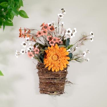 Imagem de Arranjo floral artificial de outono em cesta de vime, girassol laranja com flores rosa e brancas, decoração rústica de outono para porta da frente, 40 x 44 cm