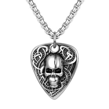 Imagem de Aroncent Colar masculino com suporte de palheta de caveira punk rock: pingente de músico personalizado de aço inoxidável com parte traseira gravável - presente de joia musical, Aço inoxidável, Sem