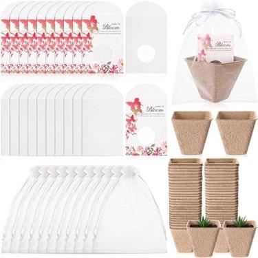 Imagem de AceOrbit 50 conjuntos de lembrancinhas de pacote de sementes para bebês em flor (sem semente), inclui envelopes Kraft de borboleta com janela transparente, potes quadrados de turfa e bolsas de organza