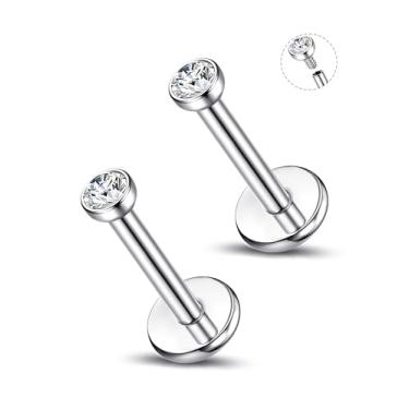 Imagem de ORAZIO Brincos de ouro 14K com costas planas, aço cirúrgico 316L, 16G/18G, rosca interna, zircônia cúbica, hipoalergênico, cartilagem, hélice, tragus, piercing de lábio, labret, medusa, nariz para