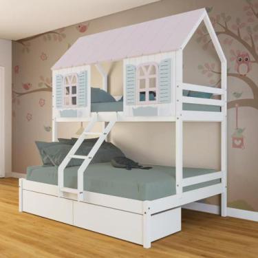 Imagem de Beliche Casal/ Solteiro Casinha Bela 02 Gavetas - Madeira Maciça Branc