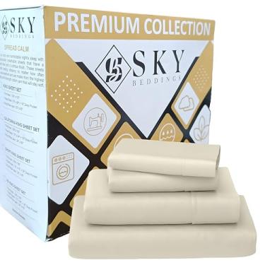 Imagem de 100% algodão California King Lençóis 4 peças - 400 fios de cetim trançado, conjunto de lençóis California King Size com bolsos profundos de 38 cm, lençóis de algodão respirável para cama king size Cal