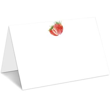 Imagem de Cartões de morango, cartões de nome para mesa, cartões de configuração de comida em tendas para chás de bebê, aniversário, banquetes, placas de mesa reservadas, pacote com 25 decorações de festa de