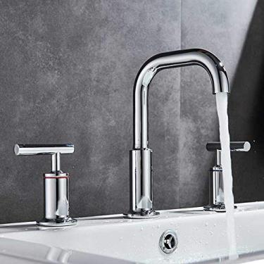 Imagem de RAUGAJ Torneiras, torneira de pia montada em deck cromado, misturadores de lavatório com alça dupla, ampla 3 furos, instalação lateral do banheiro, torneira de banheira, bico longo/cromado brilhante