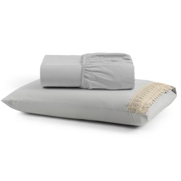 Imagem de Jogo Cama Lençol Haia Solteiro Percal 200 Fios 100% Algodão Guipir Bordado Inglês 2 Peças - Cinza