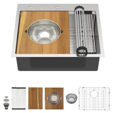 Imagem de Talllor Pia de estação de trabalho de 63,5 cm - Pia de cozinha de aço inoxidável de calibre 16 premium com tábua de corte e arruela de copos | Design moderno multifuncional | Níquel escovado #TLT-0061