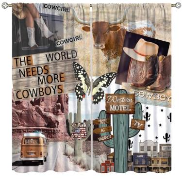 Imagem de Cortinas ocidentais engraçadas para meninos, casa de fazenda, rústica, vaca, borboleta, deserto oeste, cacto, cowboys, asteca, tratamento de janela para crianças, meninas, quarto de adolescentes, sala