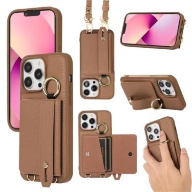 Imagem de Pulseira carteira cartões solt crossbody capa de couro para iphone 15 pro max 14 plus 13 12 11 anel titular cordão saco bolsa capa, marrom, para iphone 13