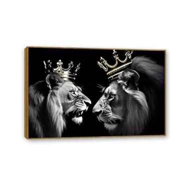 Imagem de O Rei Leão e a Rainha com Coroa Arte de Parede Imagens de Animais Selvagens Africanos Leão Coroa Dourada Pôsteres Impressões Arte Preto e Branco para Sala de Estar Quarto Decoração de Parede 75x50cm