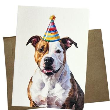 Imagem de Whitman and Daughter Cartão de aniversário Pitbull com chapéu de festa, em branco dentro, papel de feltro texturizado premium, 12 x 18 cm, envelope kraft, feito nos EUA - 1277