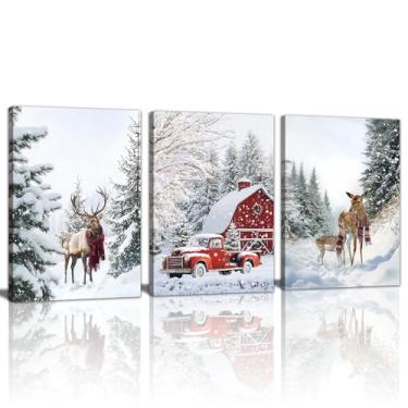 Imagem de WENGTIAO Arte de parede em tela de Natal 3 peças impressões de floresta nevada de inverno pôsteres pinturas de cabine de caminhão vermelho imagens de rena vintage arte de natal para sala de estar