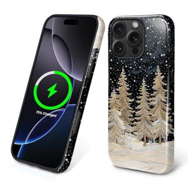 Imagem de ZHEGAILIAN Capa magnética para iPhone 16 Pro, compatível com MagSafe capa rígida de silicone macio 2 em 1 híbrido à prova de choque capa protetora contra quedas, pinho nevado, floresta de Natal
