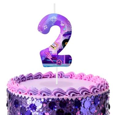 Imagem de Velas de aniversário número 2 roxas escuras, topos de bolo com tema de desenho animado para decoração de bolo para meninos e meninas, decorações de aniversário, suprimentos de festa, velas numéricas