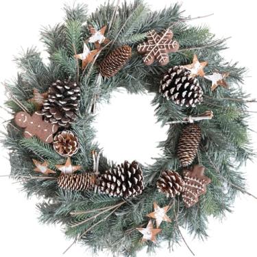 Imagem de Egolot Guirlanda de pinheiro fosco de Natal de 61 cm para porta da frente, guirlanda de inverno com pinhas, estrela masculina para uso interno e externo, guirlandas de estrelas de Natal de inverno