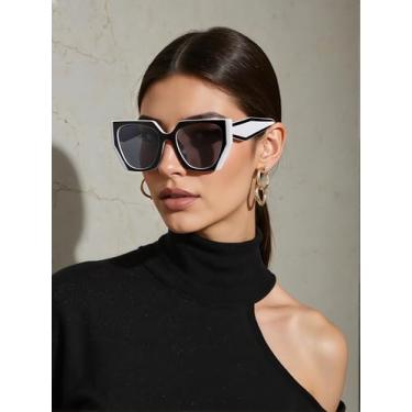Imagem de Óculos de sol femininos vintage olho de gato para mulheres, armação grande, dirigir, viajar, usar ao ar livre, Preto/branco