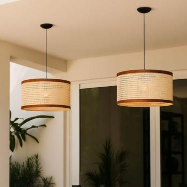 Imagem de Kit 2 Luminárias Pendentes de Teto em Rattan Estilo Indiana Compatível com Lâmpadas E27 para uma Iluminação Decorativa e Moderna