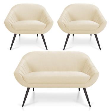 Imagem de Kit 01 Namoradeira 02 Lugares E 02 Poltronas Giovana Veludo Pés Palito De Ferro Bege