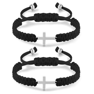 Imagem de Korotho Pulseiras combinando para casais amigos, 2 peças de pulseiras cruzadas ajustáveis para mulheres e homens, joias combinando para namorada namorada corda trançada Jesus Cristão BFF pulseiras de