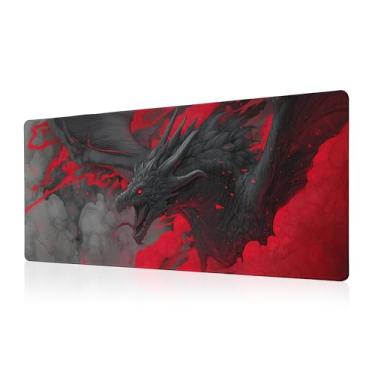 Imagem de Huge Dragon Mouse Pad Tapete de mesa XL Extended Large Gaming Desk Pad Mousepad, Vermelho e Preto Computador Laptop Teclado e Mouse Mat, Tapete Protetor de Desktop para Escritório e Casa 80 x 30 cm