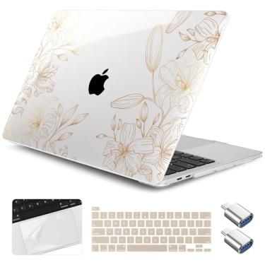 Imagem de Yebiseven Capa para MacBook Pro 13 polegadas M2 M1 2025-2022 2020 A2338 A2289 A2251, capa rígida de plástico para laptop com capa de teclado, protetor de trackpad, 2 adaptadores OTG, floral dourado