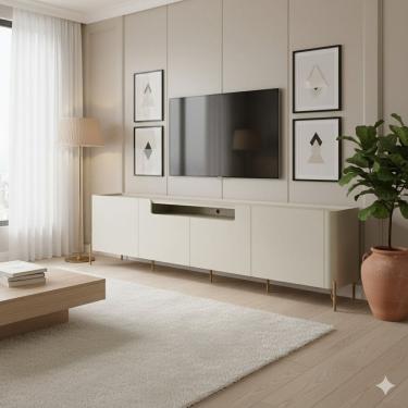 Imagem de Rack para Tv 50 Polegadas 100% Mdf com 4 Portas Lisas 220cm para Sala Pés em Metal Bend Luna / Dourado