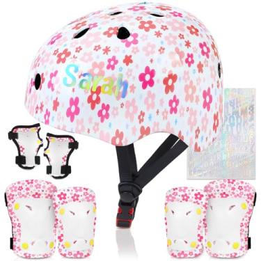 Imagem de Capacete infantil, capacete de bicicleta infantil com adesivos faça você mesmo, conjunto de joelheiras e cotoveleiras de unicórnio ajustável para meninas de 3 a 5 a 8 anos adequado para patins