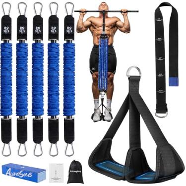 Imagem de ALongSong Bandas de assistência de puxar – faixas de resistência resistentes ajustáveis para pull-ups (36 a 181 kg), tubos de látex de 5 camadas com placa de pé, treinamento de força e treino de