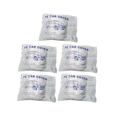 Imagem de 5 pacotes de capas de carro descartáveis de plástico transparente capa protetora universal para chuva e poeira garagem com faixa elástica para caminhões SUV Sedan MPV (3,8 m x 6,6 m)