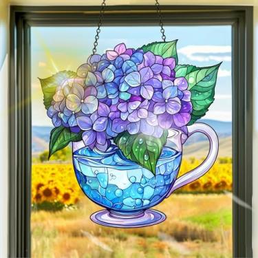 Imagem de Apanhador solar de acrílico colorido, apanhadores de sol, decoração de janela de flores de hortênsia, arte de parede de arco-íris, para quarto, varanda, interior e exterior, jardim, enfeites de Natal