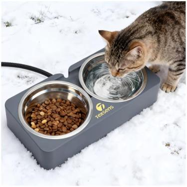 Imagem de Tigela aquecida para animais de estimação ao ar livre - Tigelas duplas de aço inoxidável para comida e água com cordão resistente à mastigação - Estação de alimentação de inverno totalmente à prova