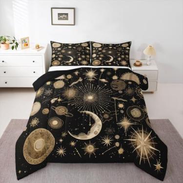 Imagem de jejeloiu Conjunto de edredom para todas as estações, galáxia, com 2 fronhas, boêmio, de microfibra exótica, roupa de cama queen cósmica, celestial, decoração de quarto, edredom respirável, macio e