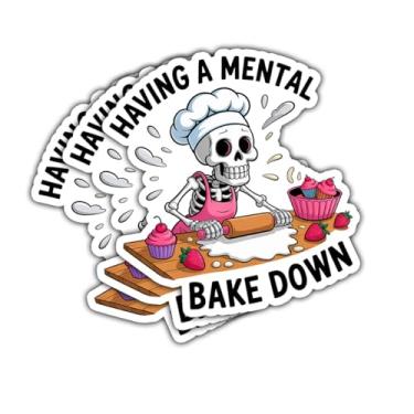 Imagem de (3 peças) Adesivos engraçados de panificação – Decalques de vinil com esqueleto "Having a Mental Bake Down", adesivos de humor negro para padeiros, amantes de pastelaria e fãs de humor de saúde mental
