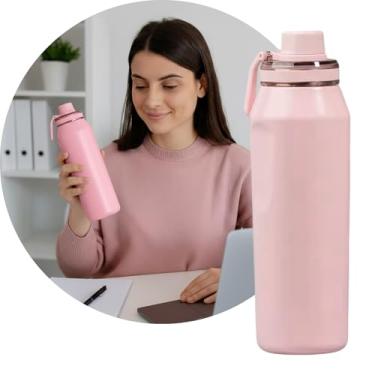 Imagem de Garrafa Térmica, Tampa Antivazamento, com Canudo e Alça, Base Antiderrapante, Parede Dupla em Inox que Conserva Líquidos Quentes e Frios por Horas (Rosa, 500ml)