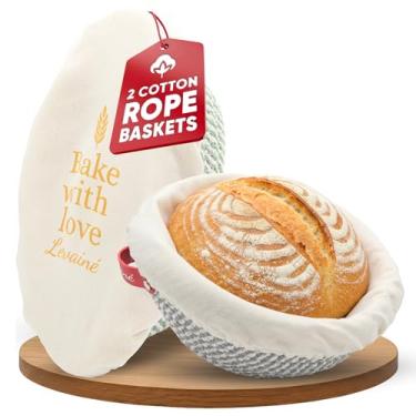 Imagem de Banneton Conjunto de cesta à prova de pão, cestas ovais e redondas de algodão à prova de corda com forros e capas | Cesta Banneton de massa fermentada para fazer pão | Cestas à prova de pão para pães