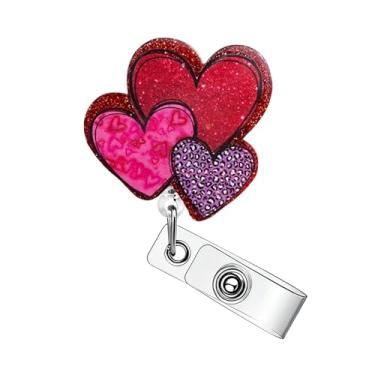 Imagem de Carretel de crachá de coração, carretéis de crachá de dia dos namorados, clipe retrátil de glitter com clipe jacaré giratório 360, suporte de crachá de coração fofo para enfermeira, médico, professor