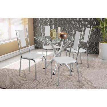 Imagem de Conjunto Mesa De Cozinha Volga Com Tampo De Vidro 90cm E 4 Cadeiras Lisboa Cromada Courano Branco Kappesberg