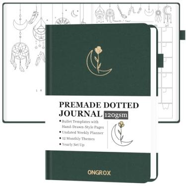 Imagem de ONGROX Caderno estilo Bullet pré-fabricado com páginas desenhadas à mão, diário pontilhado com modelos de bala exclusivos pré-fabricados, agenda sem data com páginas semanais e temas mensais, 12 meses