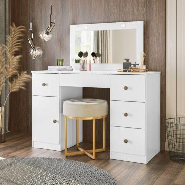 Imagem de Penteadeira Camarim com Espelho Led 121x122cm 5 Gavetas 1 Porta Sonhos Moval Branco