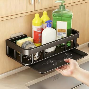Imagem de Suporte de pia de parede de cozinha, armazenamento de ralo de secagem para esponja, organizador de cozinha com bandeja coletora para bancada