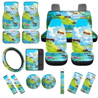 Imagem de Wunvihay Conjunto de capas de assento de carro com estampa de formiga, 17 peças, capa de direção para cinto de segurança, tapete de tapete, tapete para presente, para mulheres e homens, 7
