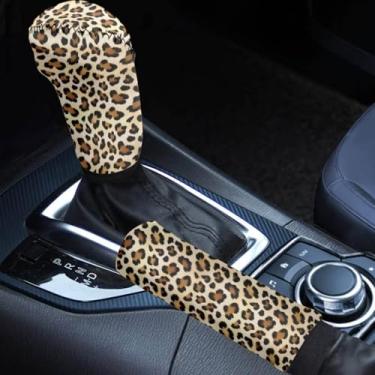 Imagem de Horeset Acessórios interiores de carro com estampa de leopardo marrom para mulheres, capa de botão de mudança de marchas e capa de freio de mão, fácil instalação, antiderrapante, capa universal